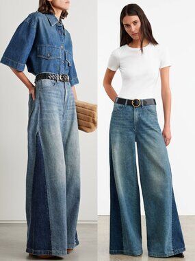 Nili Lotan Ebony Jeans Two Toned Paneled High Rise Wide Leg‎ Blue Denim Size 25